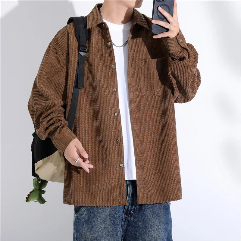 

Рубашка с длинными рукавами в американском стиле ретро, мужская свободная повседневная верхняя одежда, весенне-осенняя модная одежда в гонконгском стиле для подростков, полиэстер