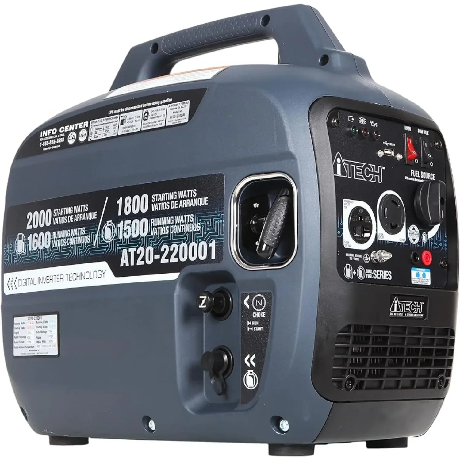 2000 W Portable Inverter Generator Dual Fuel Gas & Propane Powered Super Quiet Operation, Lightweight, RV Ready