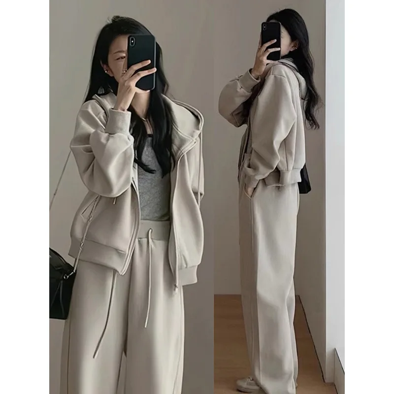 2024 Autumn Winter New Solid Loose Women\'s Hoodie and Sweatpants Two Piece Set Korean Fashion Y2k Zip Up Hoodie Sweatshirts