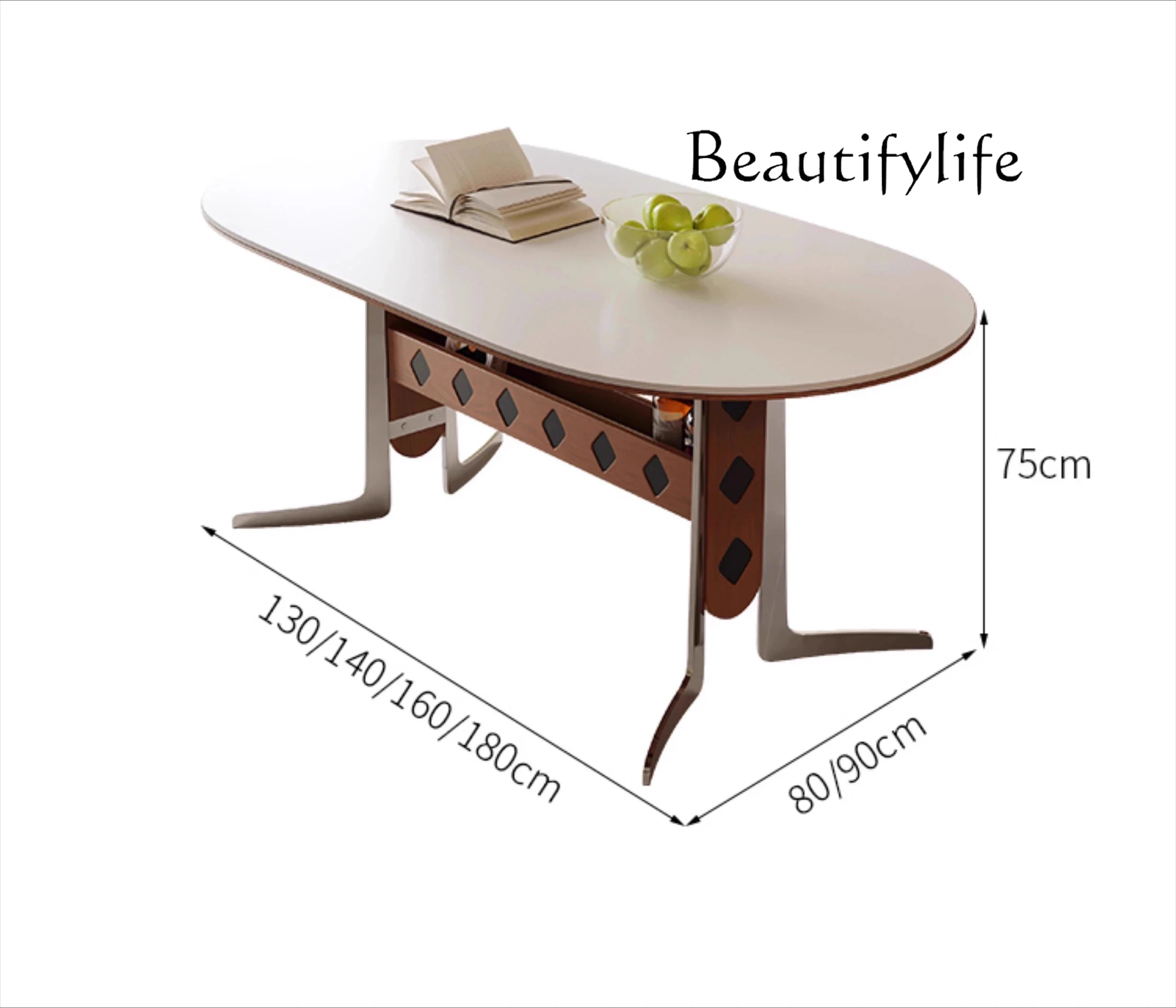 

Medieval household small apartment stainless steel solid wood rock slab rectangular creative oval dining table and chairs