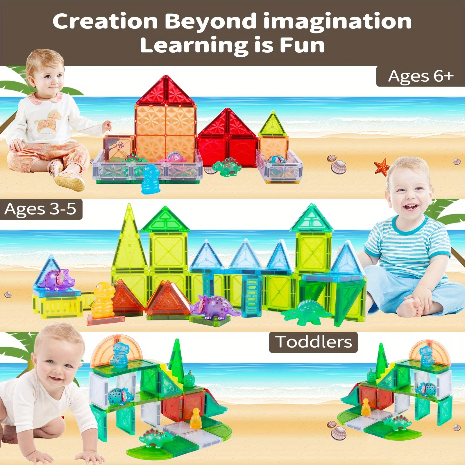 장난감 자석 타일 - 어린이용 자석 블록 장난감 STEM 감각 발달 야외 놀이용 장난감 3세 이상 남아 및 여아용, 공룡 모양