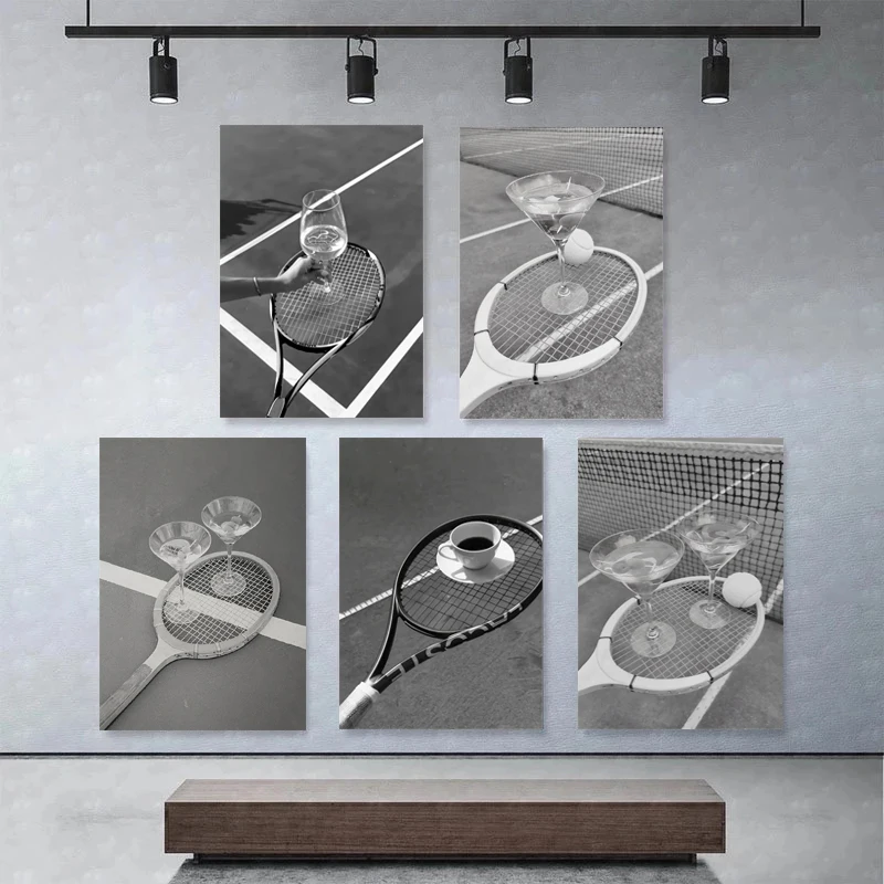 Retro Abstract Black and White Tennis Racket with Wine and Coffee Poster Canvas Prints Art Pictures Home Room Wall Decor Gift