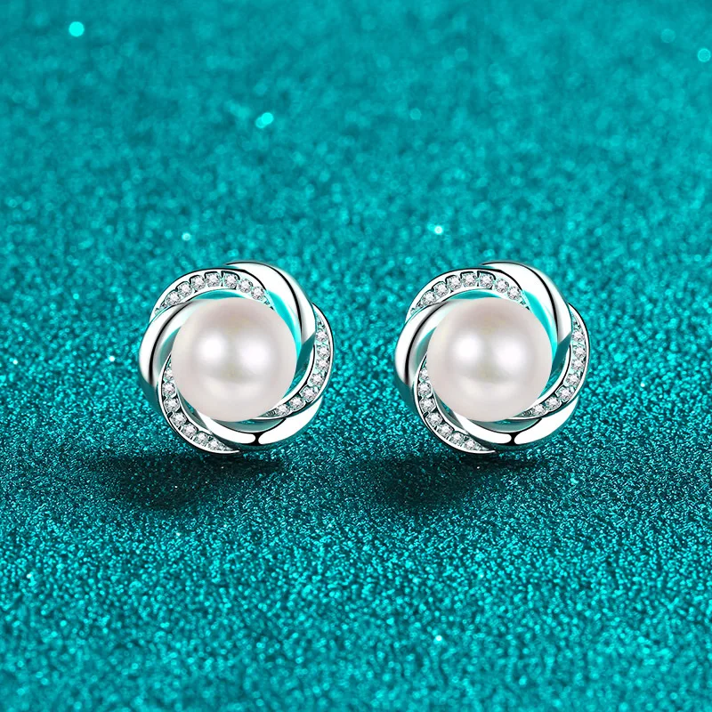925 Sterling Silver Female Moissanite Stone Freshwater 8mm Pearl Earrings and Ear Accessories