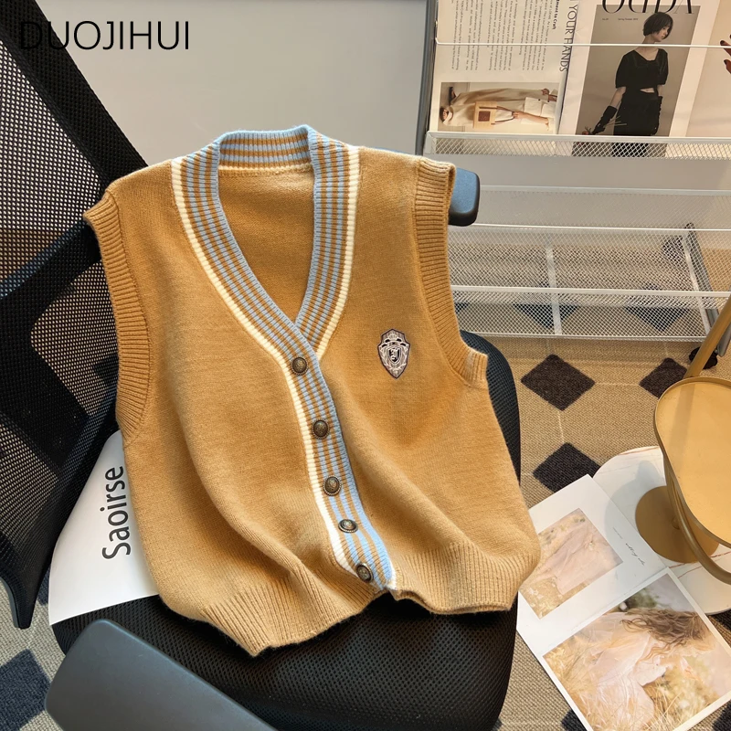 DUOJIHUI Preppy Style Spell Color Chicly Cardigan Female Sweater Vest New Vintage Basic V-neck Fashion Button Women Sweater Vest