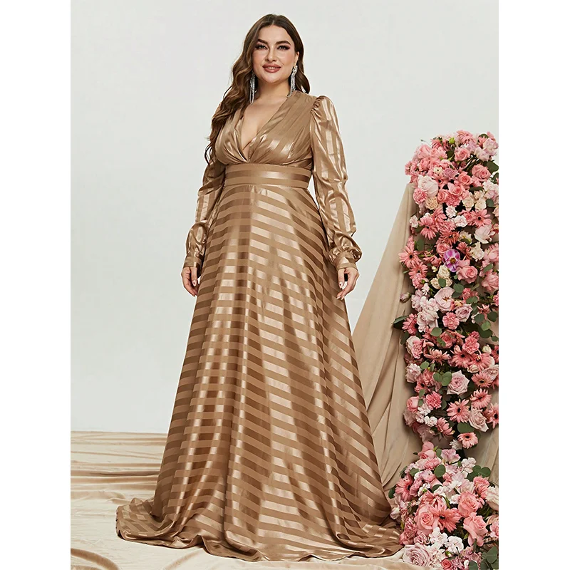 Plus Size V Neck Satin Extra Long Sleeve Evening Dress 4XL5XL Big Size Luxury Prom Party Apricot Striped Evening Dresses Women