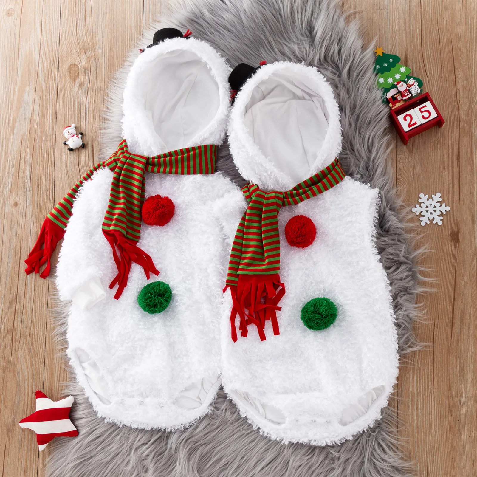 2024 winter Infant Baby Boys Girls Long Sleeve Christmas Xmas Cosplay Costume Snowman Fleece Hoodie Romper Jumpsuit+Scarf Set