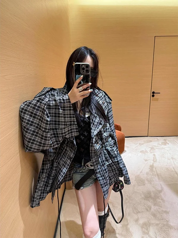 

Autumn 2025 Women's Plaid Short Casual Shirt Jacket Korean Style Commute Wind Resistant Workwear Cardigan Open Front Design
