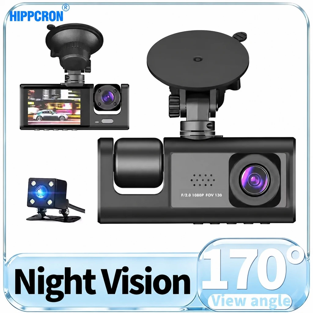 HIPPCRON Car Dash Cam IR Night Vision Loop Recording IPS Screen 1080P 3 Camera Lens DVR Recorder Video Vehicle Front & Rear WIFI