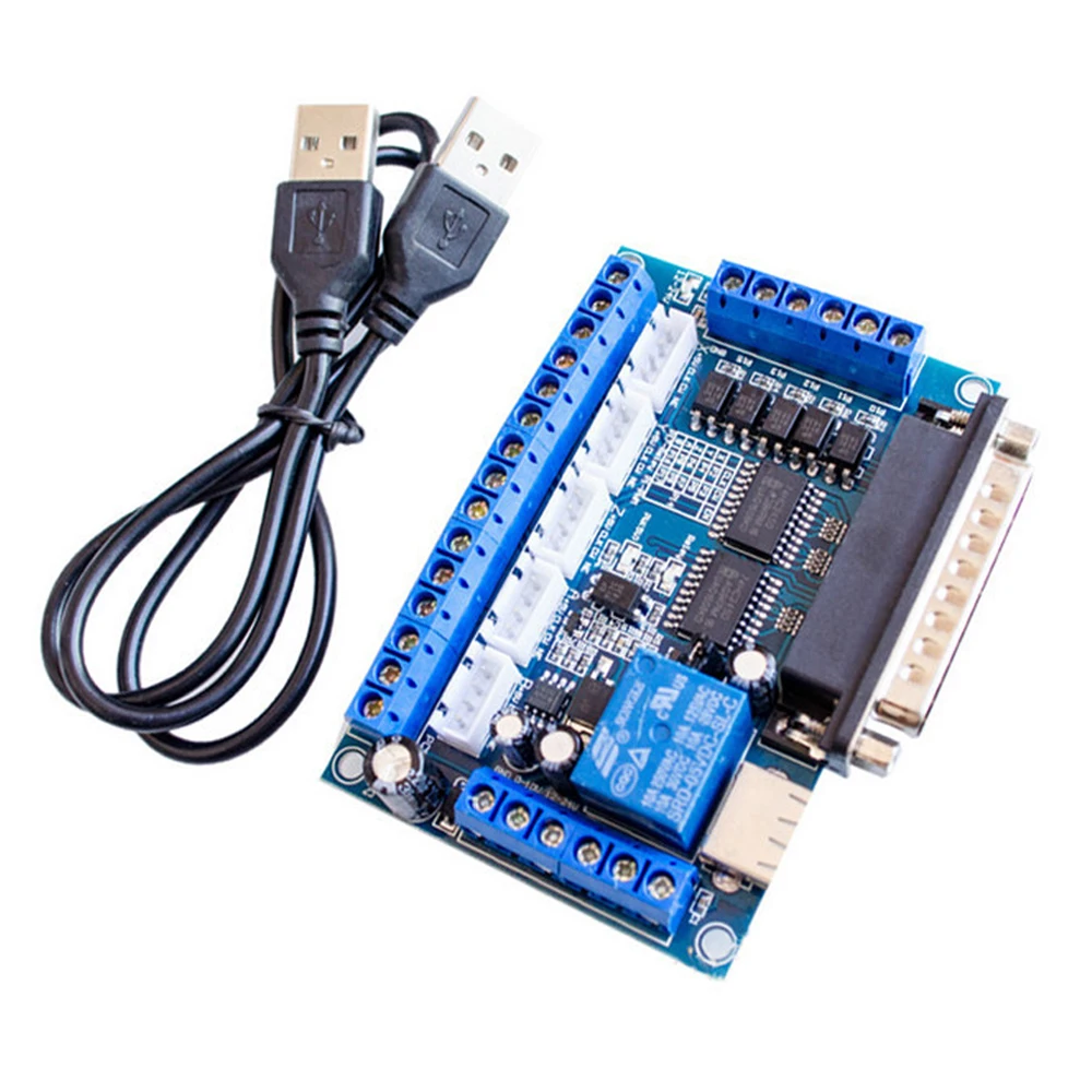 5 Axis CNC Interface Adapter Breakout Board Stepper Motor Driver Mach3 Motor Controller with Optocoupler Isolation and USB Cable