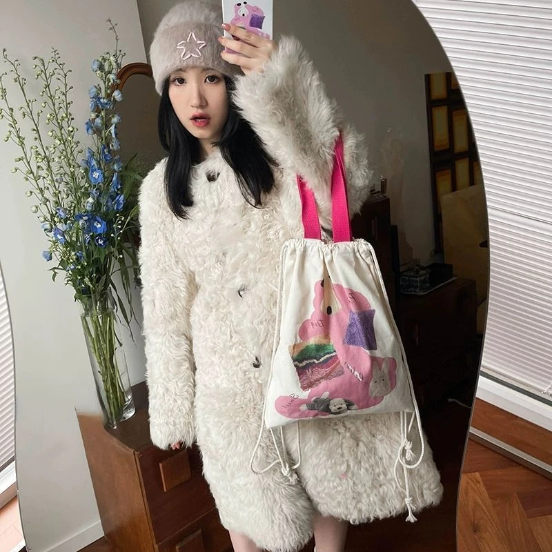 Women Casual Drawstring Shopping Bag Harajuku Kawaii Cute Dog Underarm Bag Fashion Trendy Y2k Aesthetic Chic Shoulder Handbags