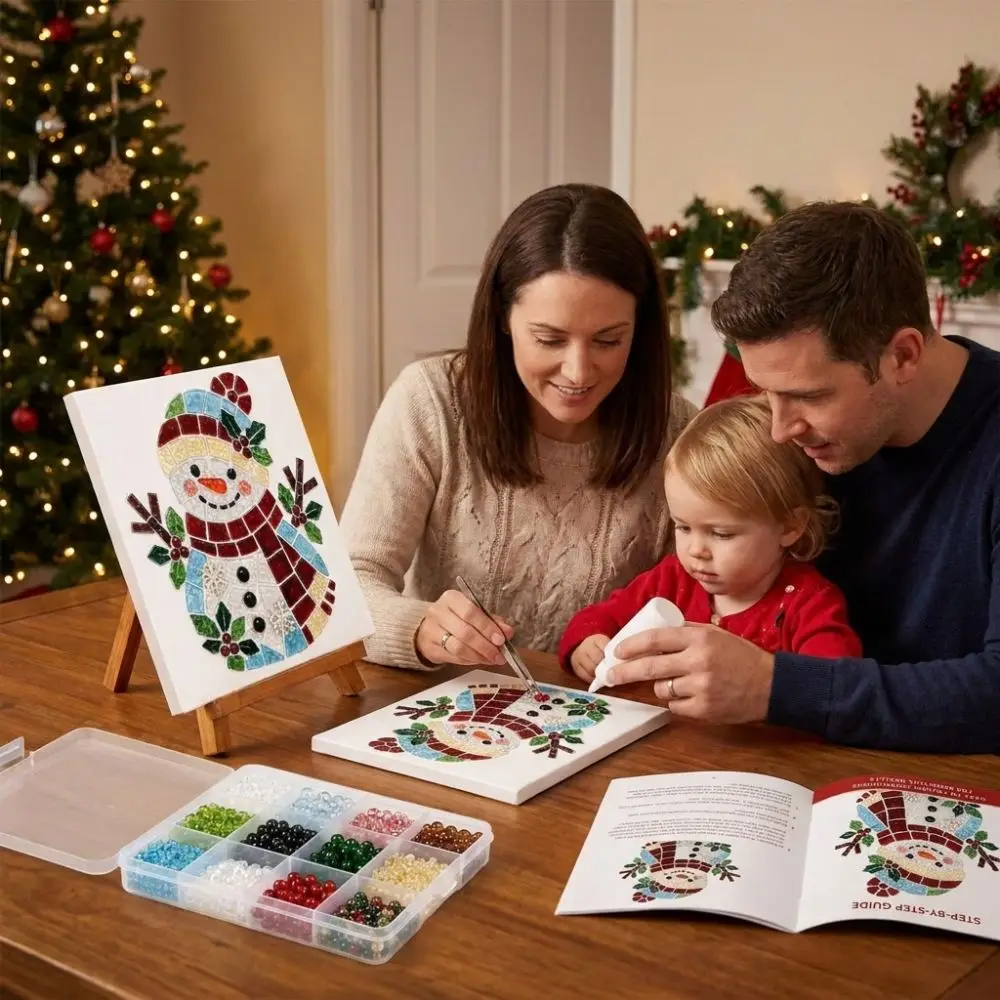 Non-Fading Christmas Sea Glass Painting Art Set Colorful Glass Framed DIY Sea Glass Mosaic Set Snowman Handmade