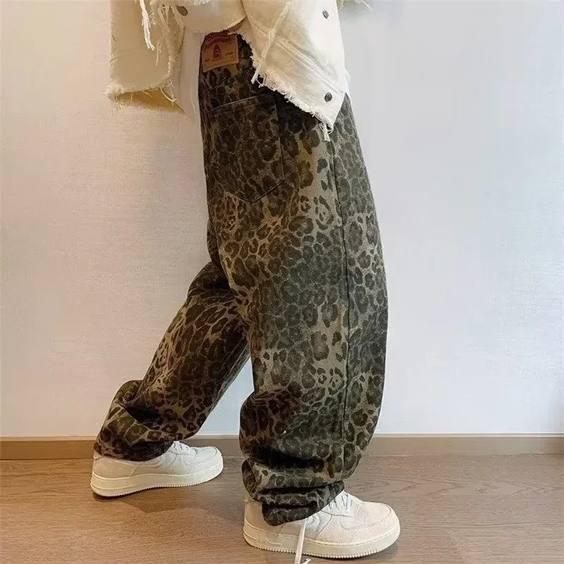 Designer Harajuku Denim Pants Youth Popular Oversize Men Loose Casual Y2k High Quality Jeans American Stylish Leopard Trouser