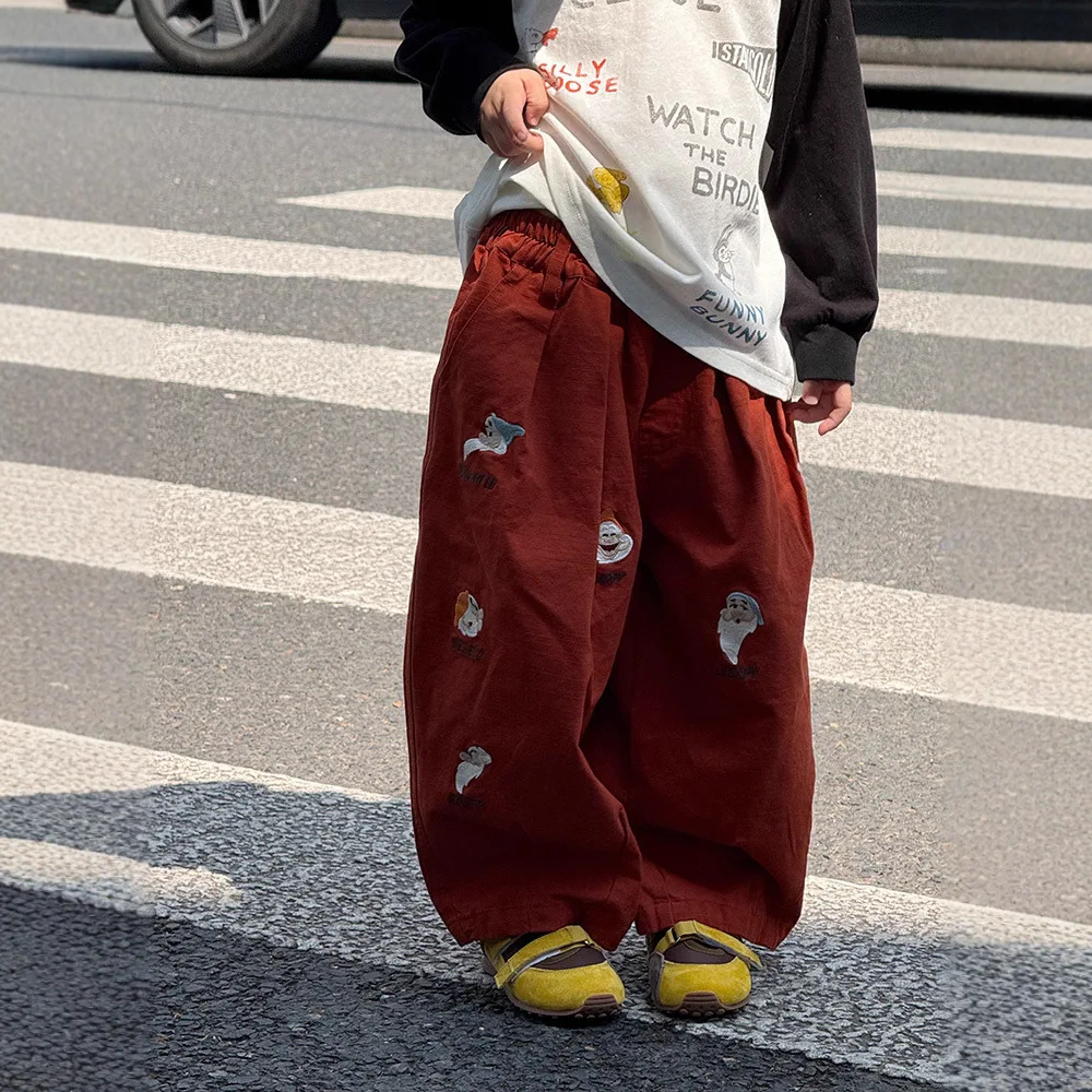 

2025 Autumn New Children Trousers Cute Cartoon Embroidery Girls Harem Pants Cotton Baby Boys Loose Casual Pants Kids Clothes
