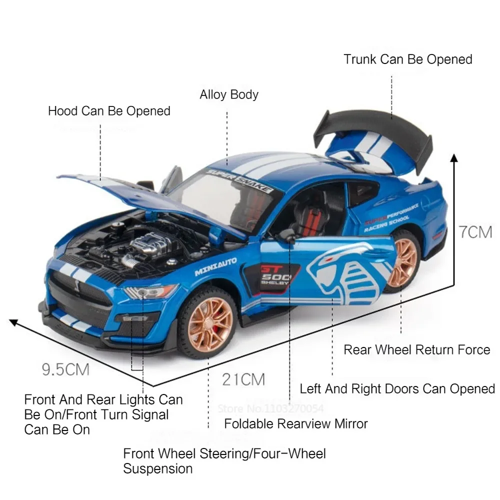 1:24 شيلبي كوبرا GT500 سبيكة سيارة رياضية دييكاست نماذج اللعب ضوء الصوت التراجع الأبواب فتح سيارات عتيقة جمع هدايا الطفل