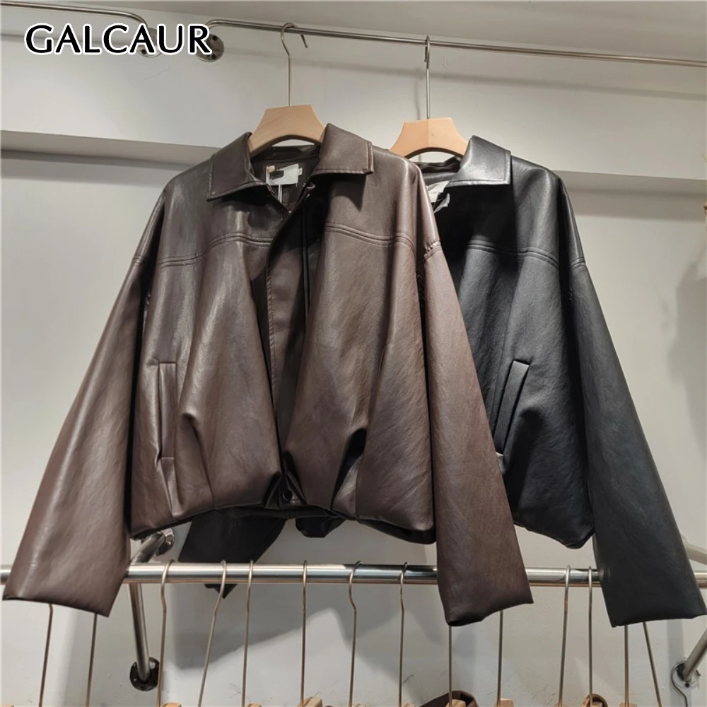 

GALCAUR Solid Spliced Pocket Leather Jacket Female Lapel Long Sleeve Loose Vintage Basics Women's Jackets Autumn Fashion Style