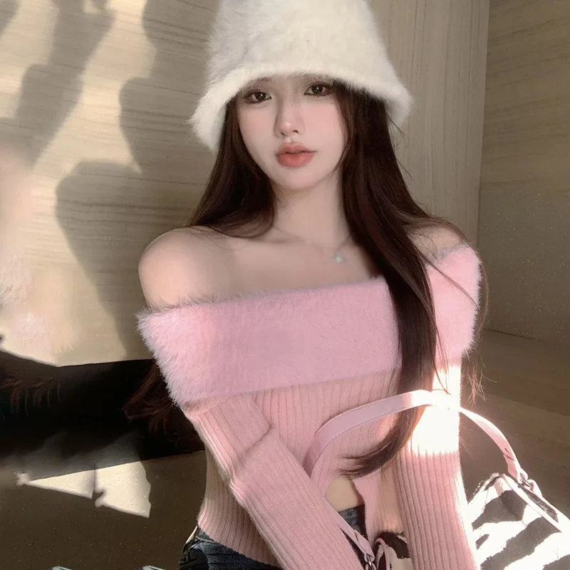 Lint Color Contrast Long Sleeves Pullover Top Knitted Slim Fashion Korean Version Women\'s Sweater Off Shoulder