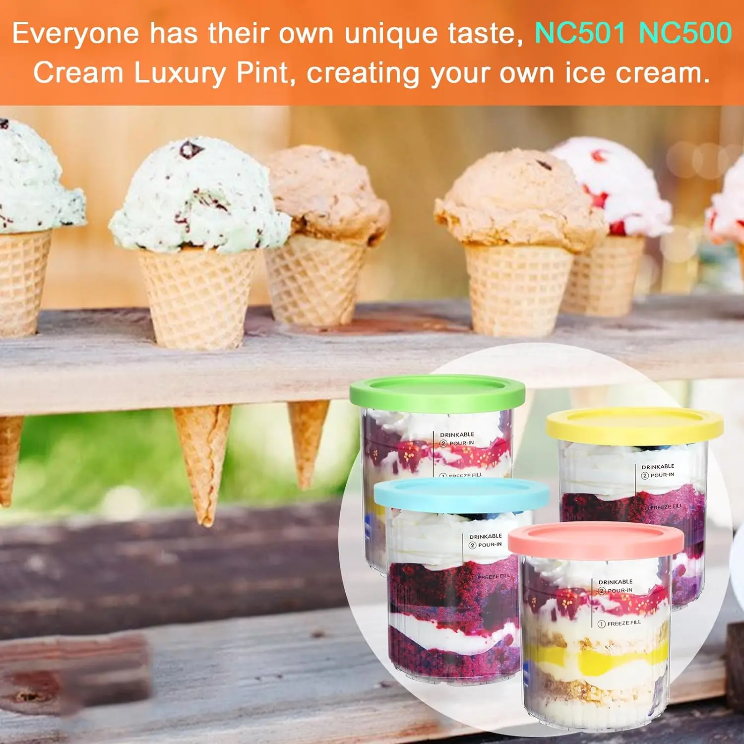 For Ninja Creami Deluxe 11-in-1 XL Family Size NC500/NC501 Pints 24oz 4 Pack Dishwasher Safe BPA-Free Leak Proof Assorted Colors