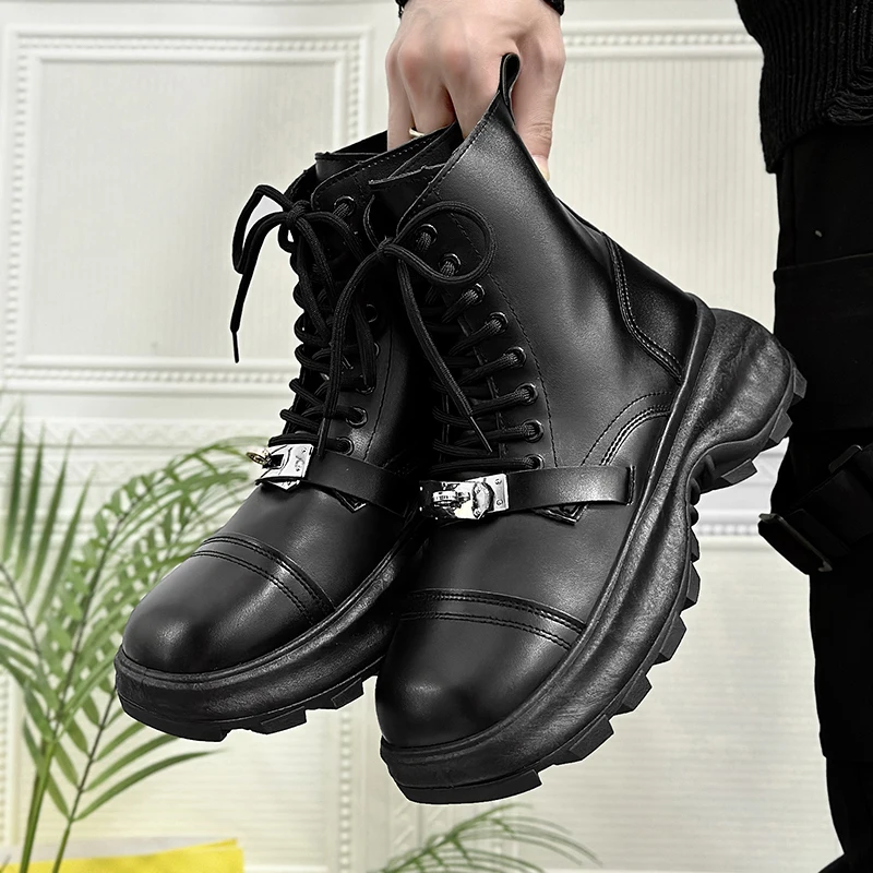 Black Non-slip Outdoor Boots for Men Spring and Autumn Lace-up Short-tube Platform Men's Shoes Trendy PU Leather Men Ankle Boots