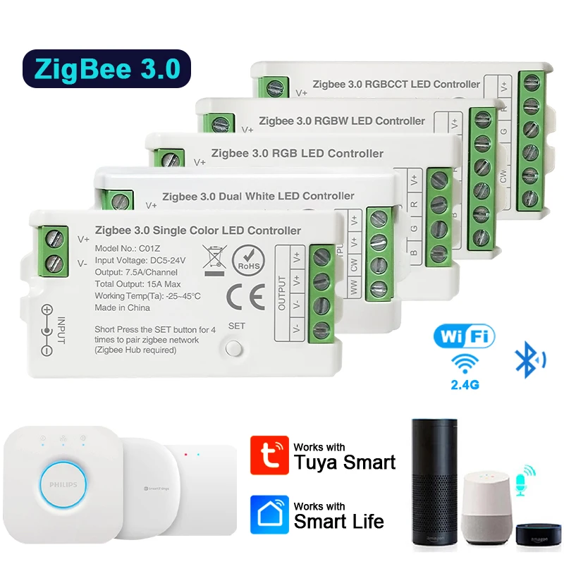 Zigbee 3.0 WiFi LED Controller Single Color RGB CCT RGBW LED Strip Tuya Gateway Hue Bridge Smart Things Voice Control DC5V-24V