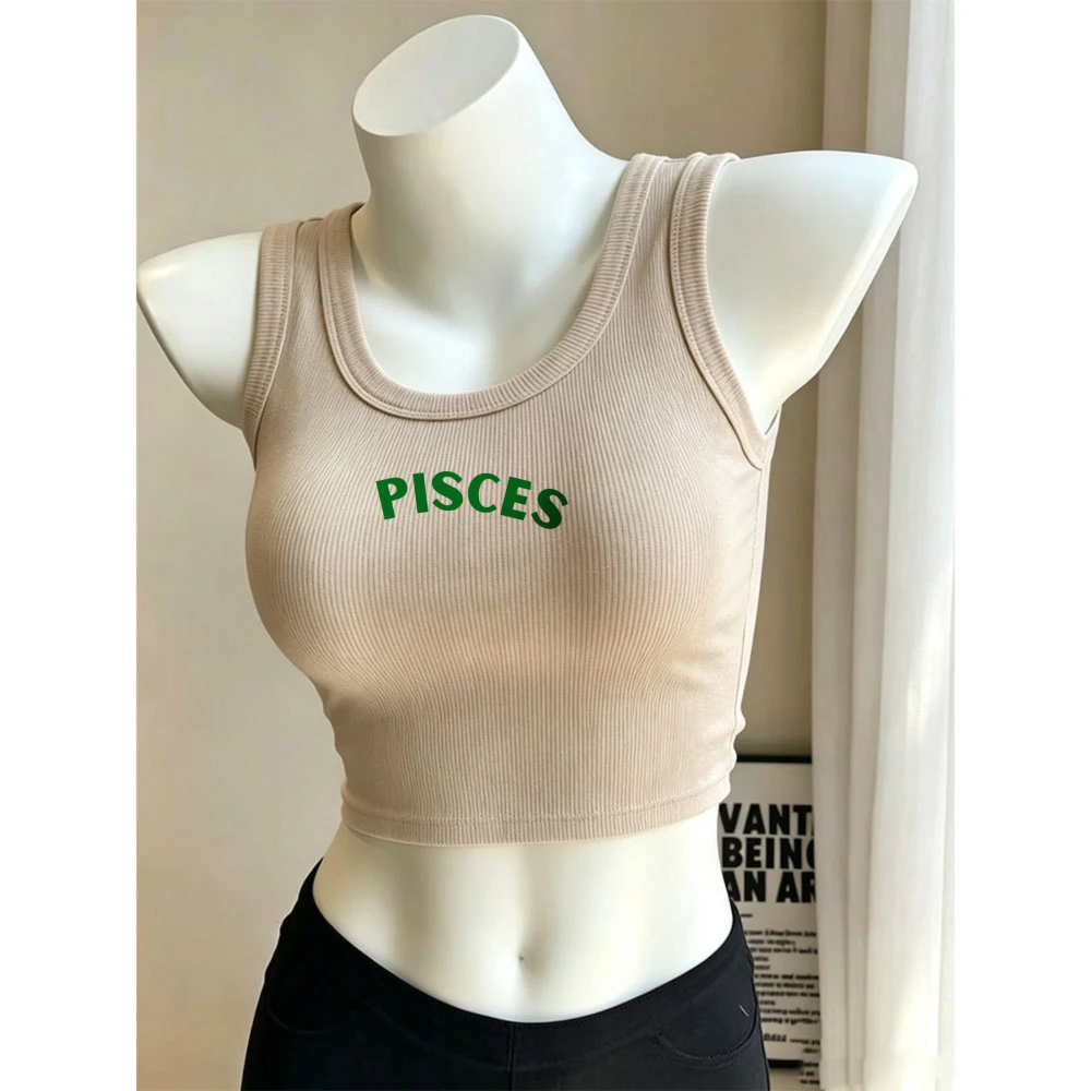 Pisces Bold Green Letter Zodiac Print Camisole Ribbed Tank Top Crop Y2k Top Women U Neck Sleeveless Slim Fit Cropped Vest Pisces