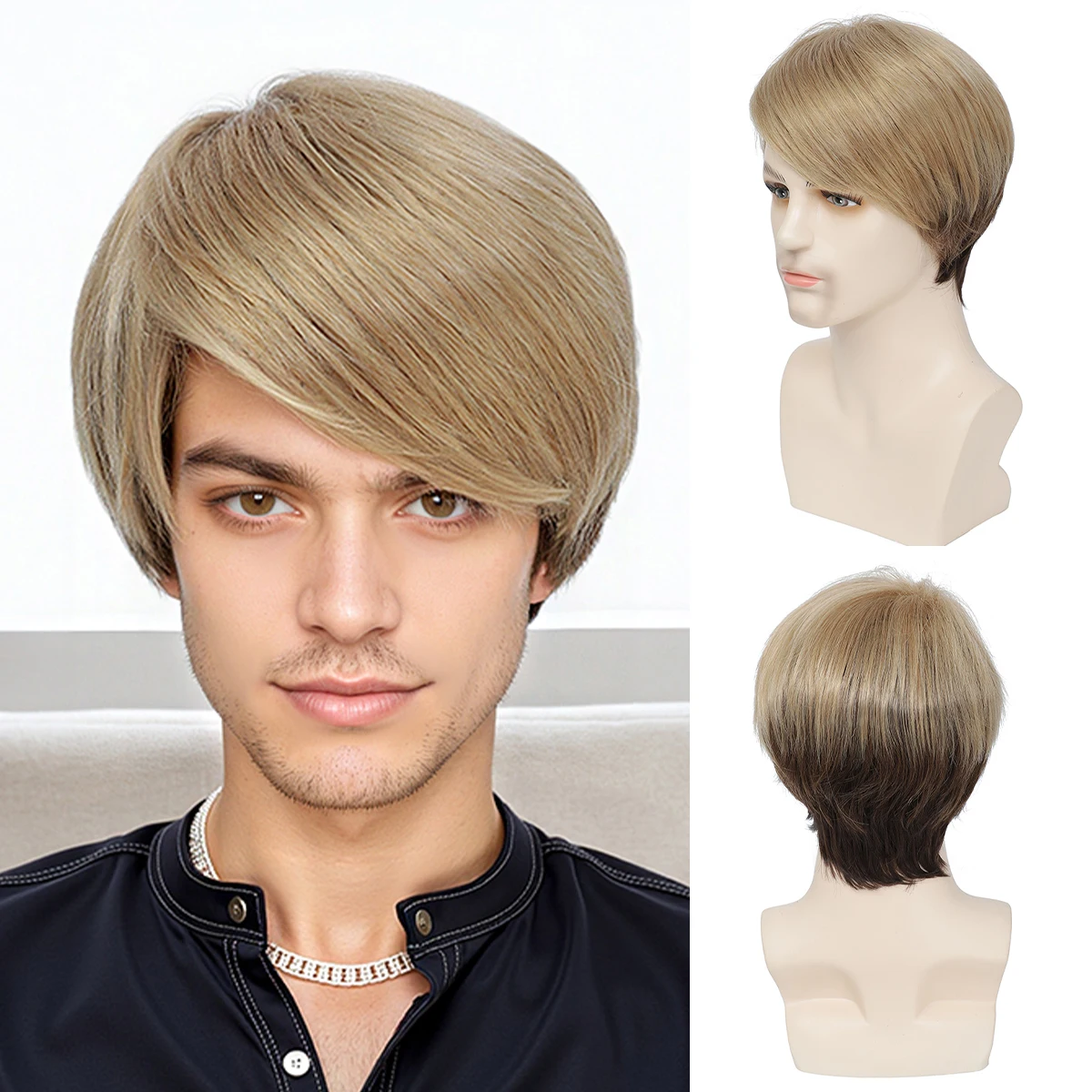 

European and American men's wigs, handsome linen color, slanting bangs, short hair Synthetic fiber wig