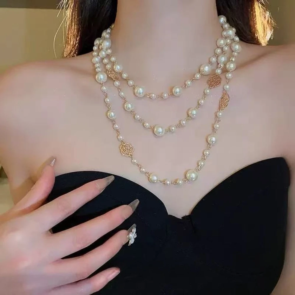 Collar Largo de Lujo Vintage con Perlas de Imitación Multicapa y Diseño de Saturno para Mujer, Joyería Versátil para Clavícula