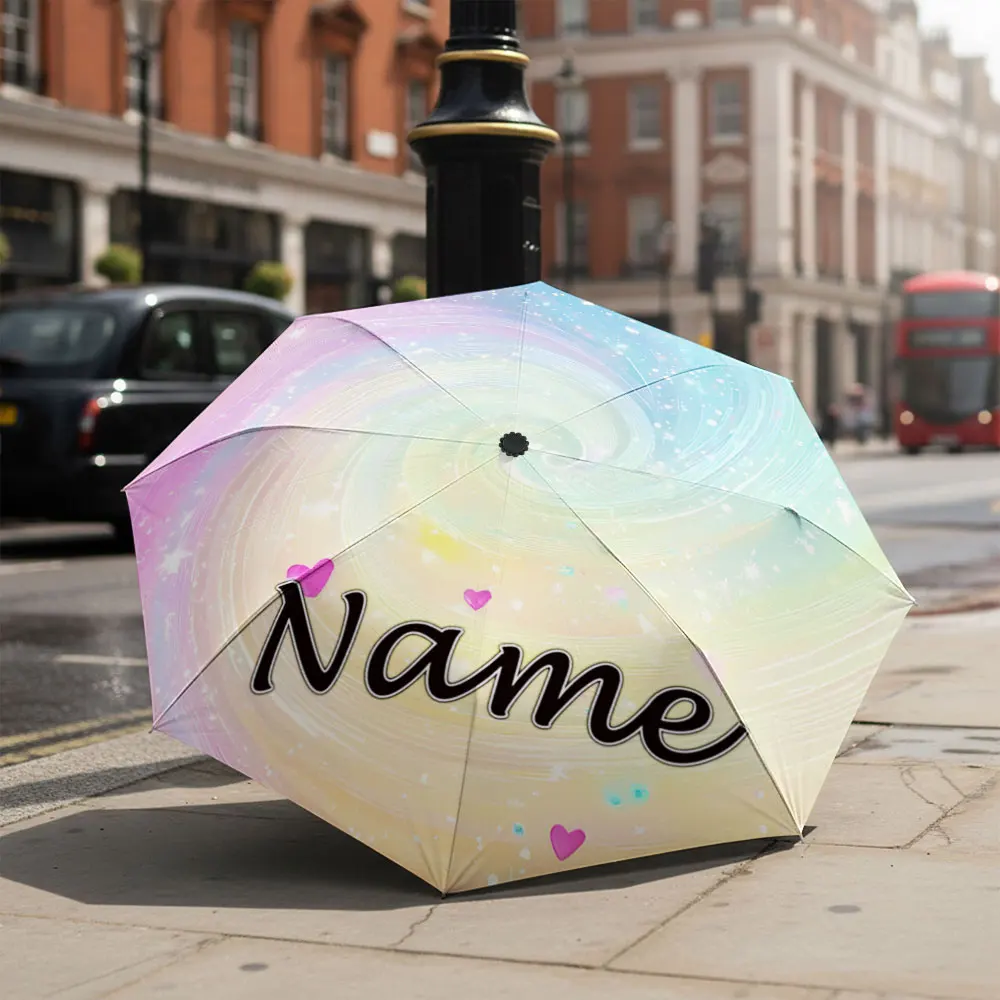 Custom Name, Pastel Rainbow Swirl Galaxy With Hearts And Sparkles Print Folding Umbrella,Portable Travel Parasol For Women Girls
