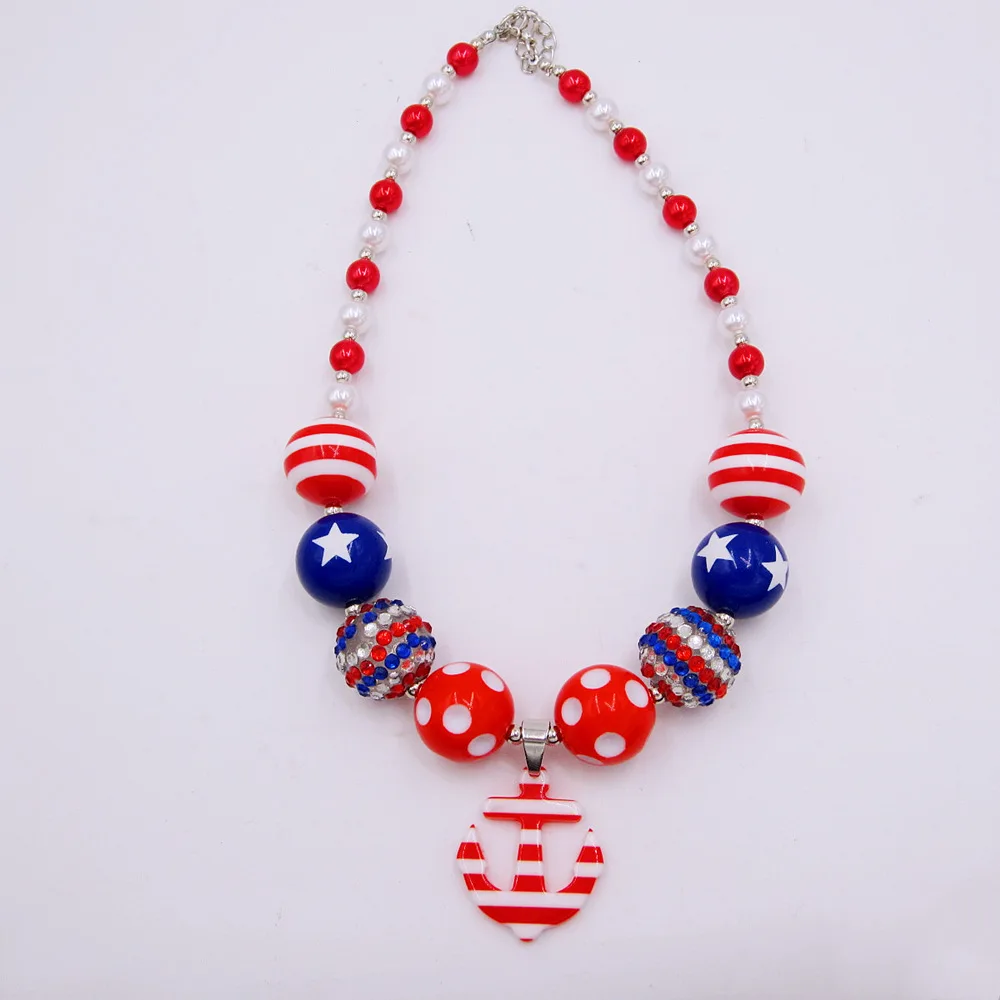 Girls Lovely AU USA National Day Outfits 8mm Pearl Necklaces Child Toddler Chunky Bubblegum Anchor Charm Necklace Gift For Kids