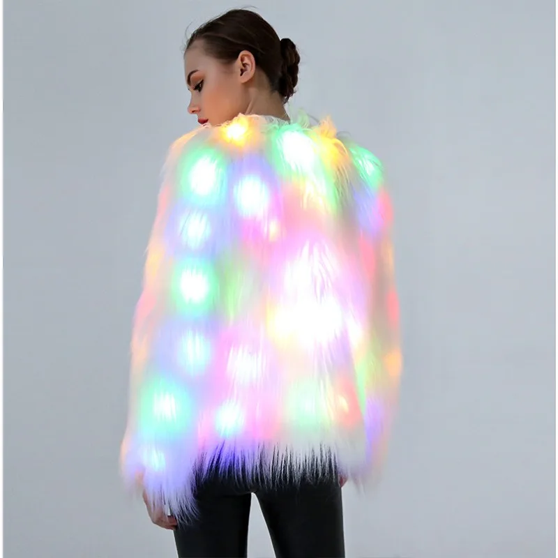 Women\'s Faux Fur LED Luminescent Coat Christmas Costumes Cosplay Fluffy Fur Coat Winter Warm Holiday Party Jackets with Light