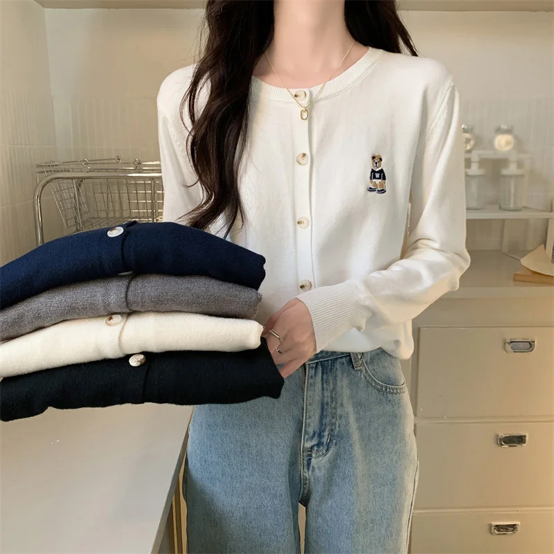 Spring Autumn Women Cardigan Fashion Embroidered Bear Long Sleeve Simple Casual Retro Slim Round Neck Korean Version