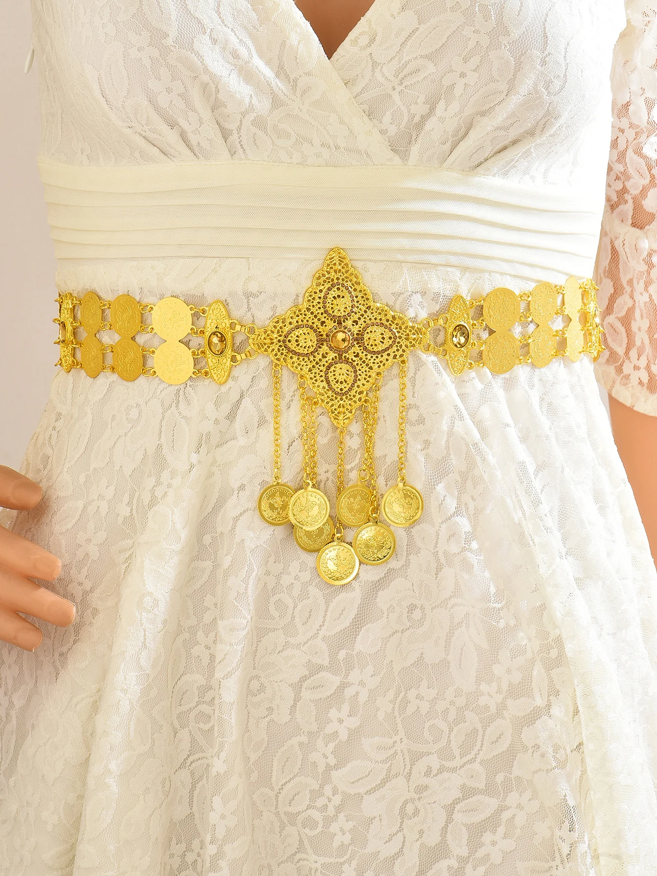 

Fashionable Gold Plated Tassel Belt with Heavy Embossed Floral Design for Evening Gowns And Waist Styling