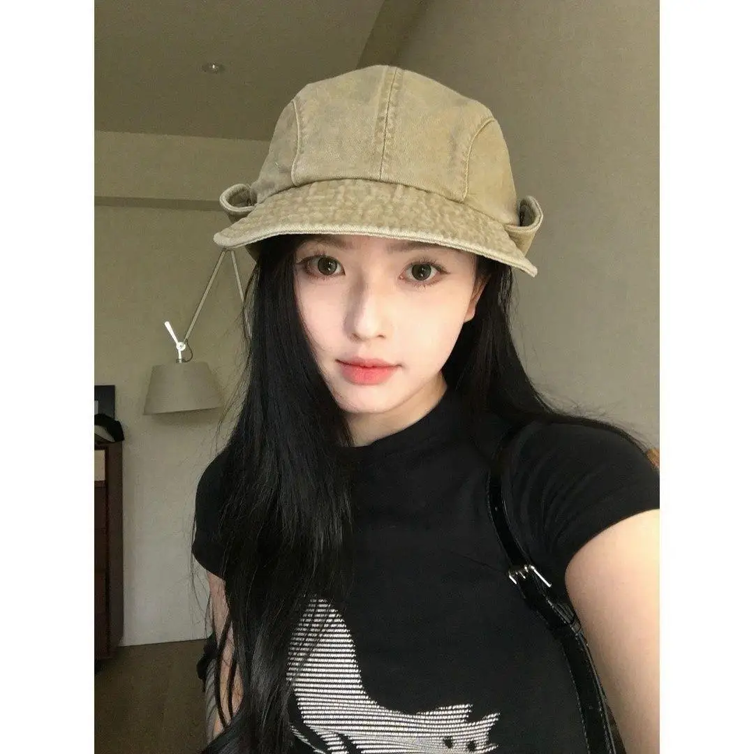 New Model Retro Flip Up Button Washed Denim Fisherman Cap Woman's Fashionable Tidal Current Versatile Large Brim Sun Shading Hat