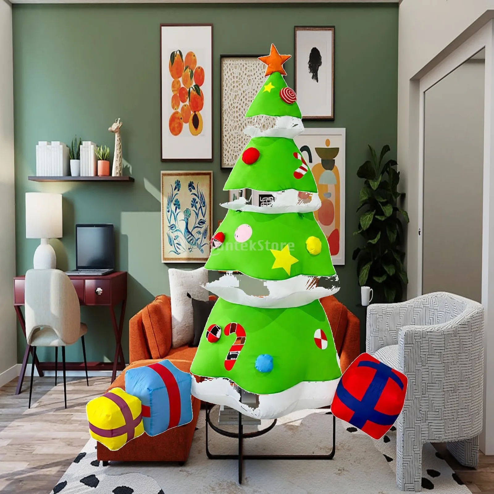 Freestanding Inflatable Christmas Tree with Gift Boxes Colorful Self-Inflating Christmas Tree Indoor Outdoor for Yard Display,