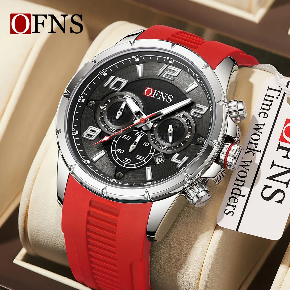 

Fashion Ofns 8027 Quartz Watch Men Calendar Business Multifunction Chronograph Silicone Waterproof Luminous Sport Male Watchees