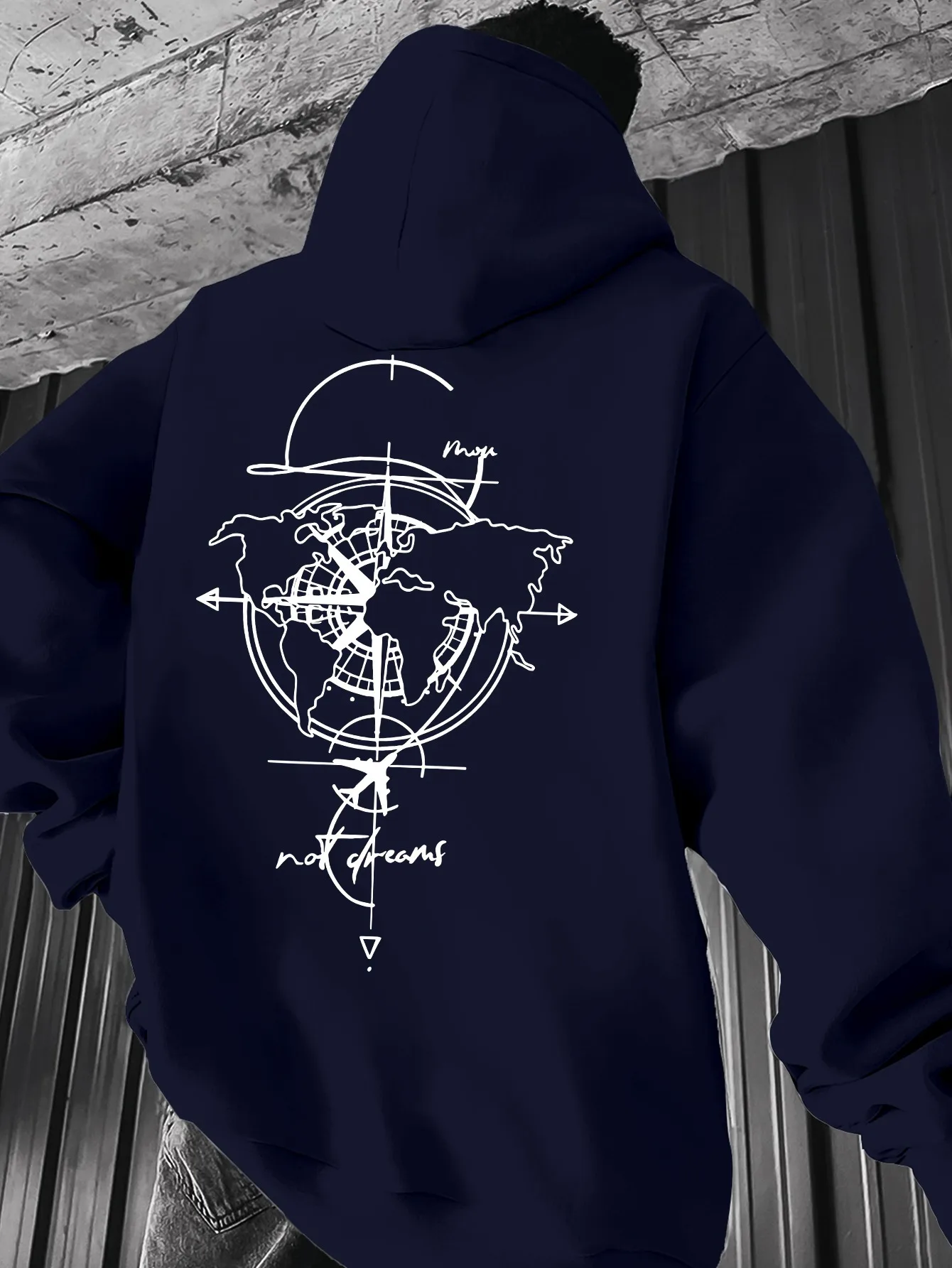 Men's World Map Compass Aircraft Route Return Printed Hoodie Minimalist TravelPattern Extra Large Street Style Hooded Sweatshirt