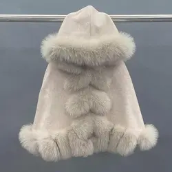 JANEFUR-Wool Cape Poncho with Real Fur for Children, Hooded Fox Fur Collar, Cute Warm Winter Coat for Kids, New Fashion