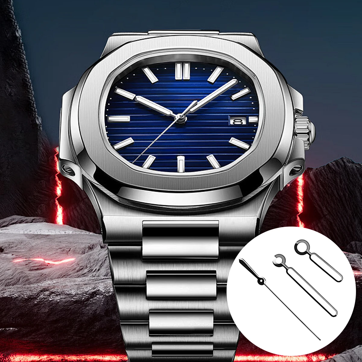 Wskazówki do zegarków NH35, niebieskie wskazówki z czarną krawędzią i zieloną lumą, do kwadratowych kopert, pasujące do mechanizmów NH35 NH36, do zegarków kwadratowych.