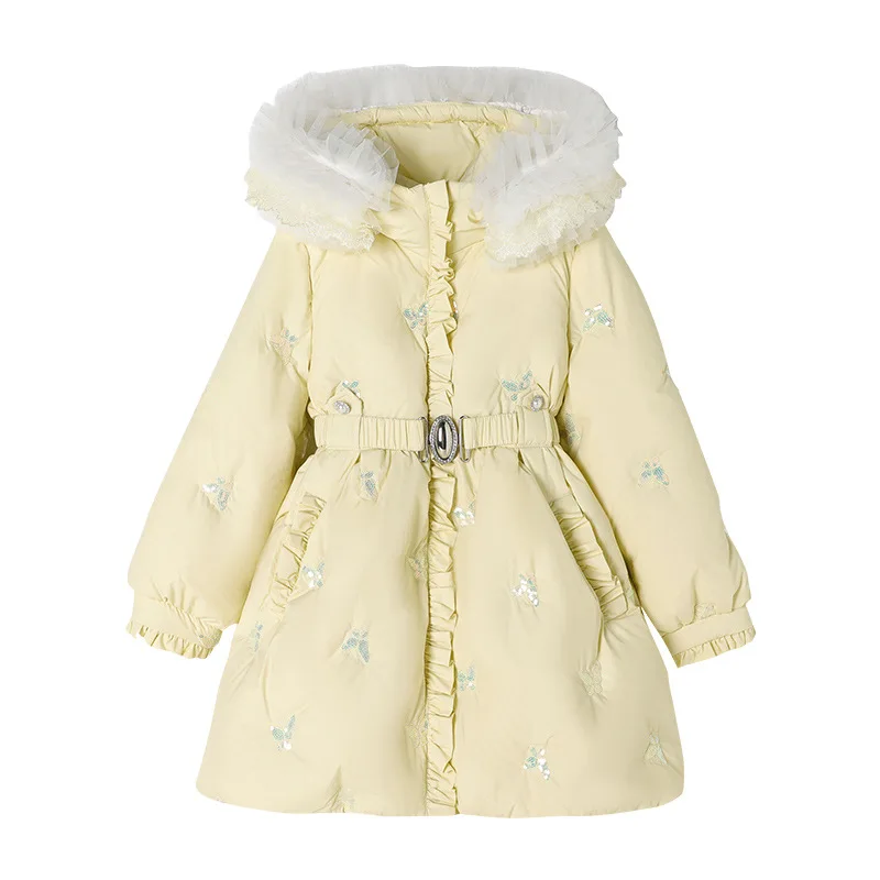 Kinder Mädchen Prinzessin Daunenjacke 90% Weiße Entendaunen Lange Kapuzenjacke Rüschenbesatz Warme Winteroberbekleidung 3-12 Jahre A5106 – Detail 10