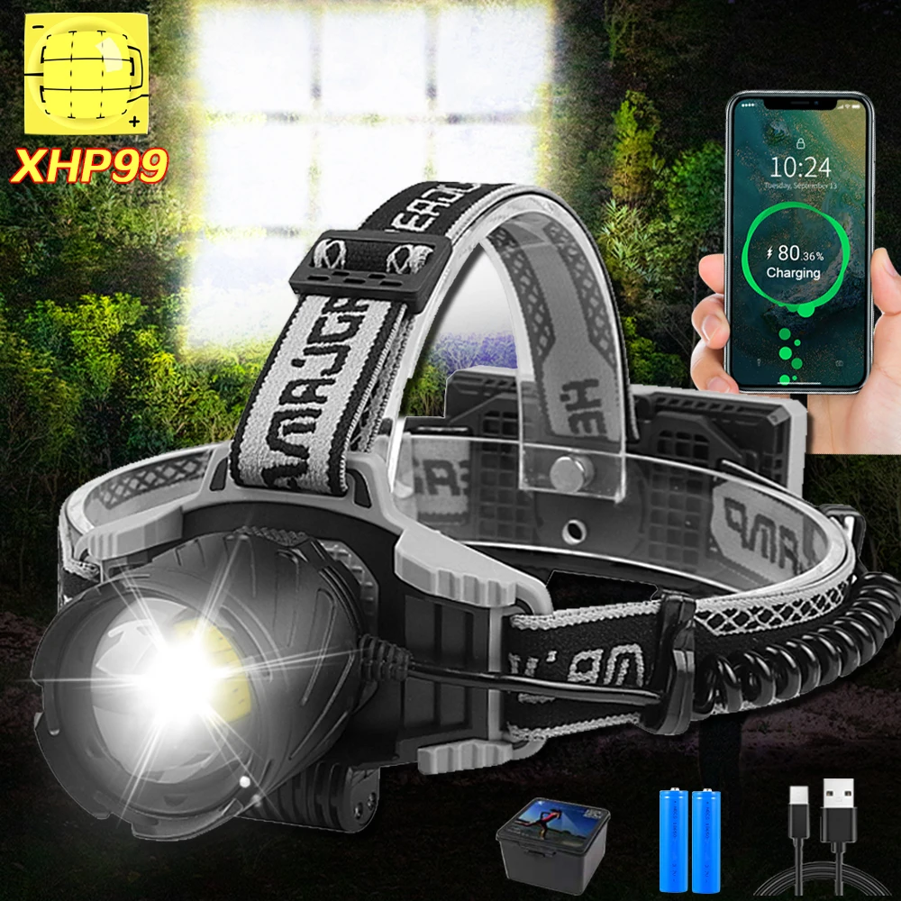 

LED XHP99 Headlamp Telescopic Zoom Headlight USB Rechargeable Head Flashlight Power Bank Camping Lights IP64 Waterproof Display