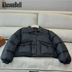 9.23 KlasonBell Women Clothes Letter Loose Down Jacket Leather Lapel Collar Button Pocket Zipper Short Fashion Duck Down Coat