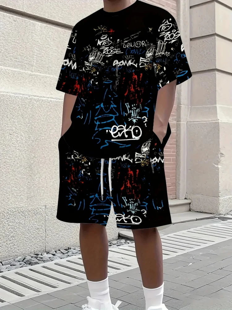 2025 Men's Short Sleeve Set Creative Graffiti Print Outdoor Street Fashion Short Sleeve Top Shorts Casual Two-piece Set