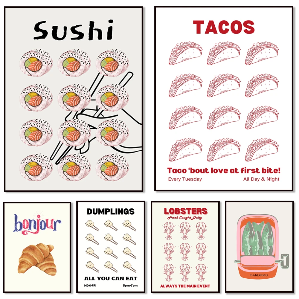 Comida japonesa, albóndigas, sushi Maki, tomates, cartel de verduras, langosta, sardinas enlatadas, croissant francés, estampado de comida asiática