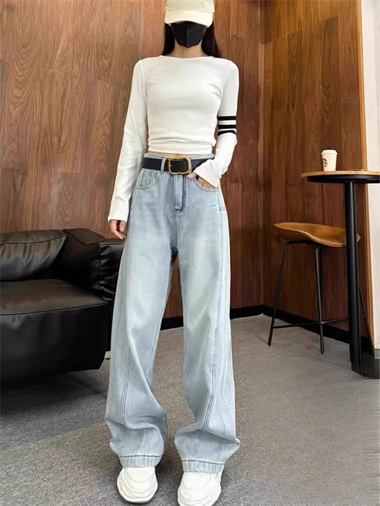 

High Waist Wide Leg Jeans Women's Straight Cut Denim Pants Spring New Loose Fit Slimming Trousers for Pear Shaped Body