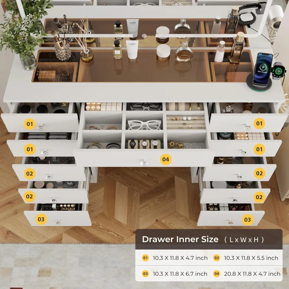 White Makeup Vanity, 11 Drawers Vanity Mirror with Lights, Makeup Vanity Desk with 3 Lighting Modes Adjustable Brightness image 6