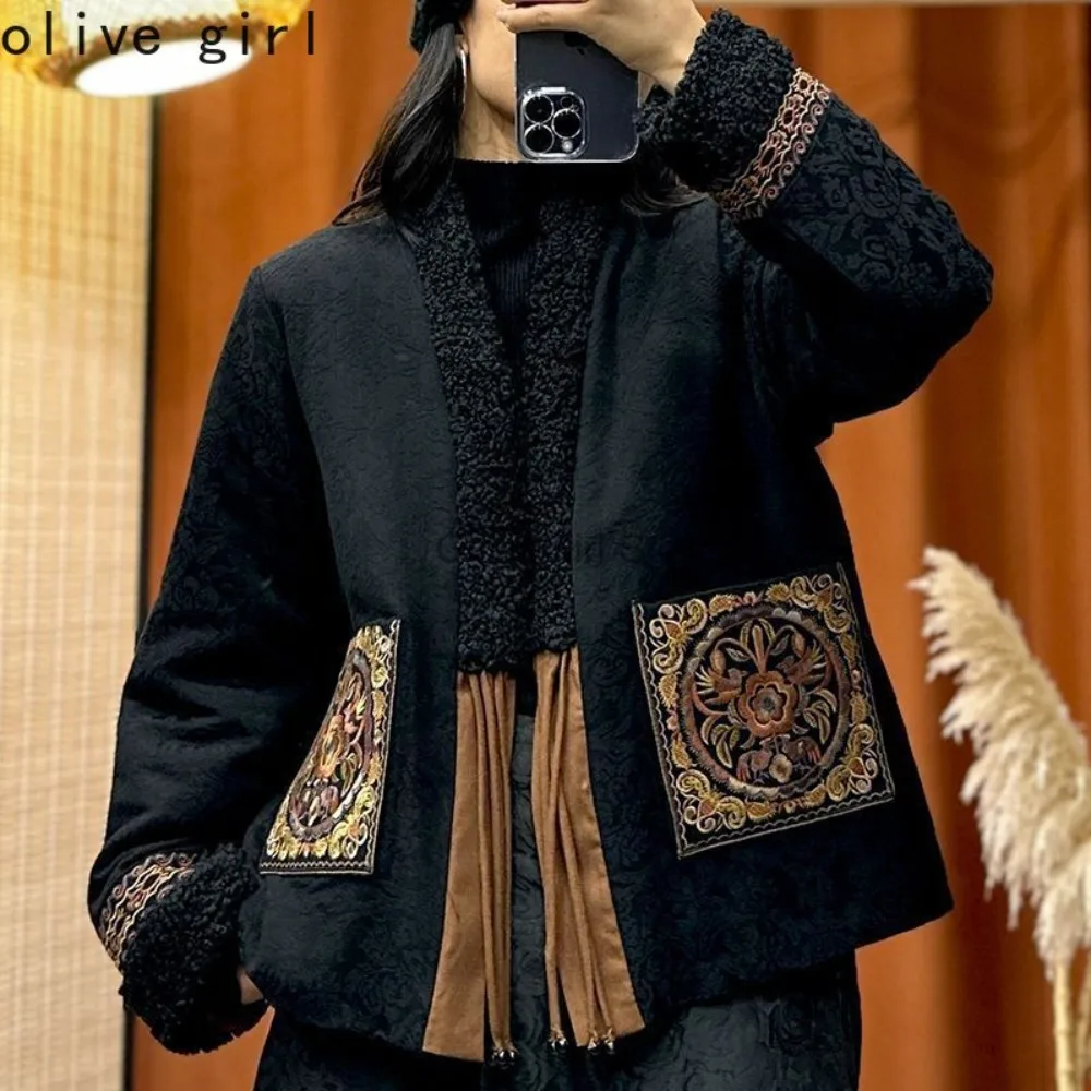 5XL Oversized Coat Cotton Linen Embroidered Traditional Chinese Clothing Plus size Spring Autumn Winter Women's Cardigan Jacket