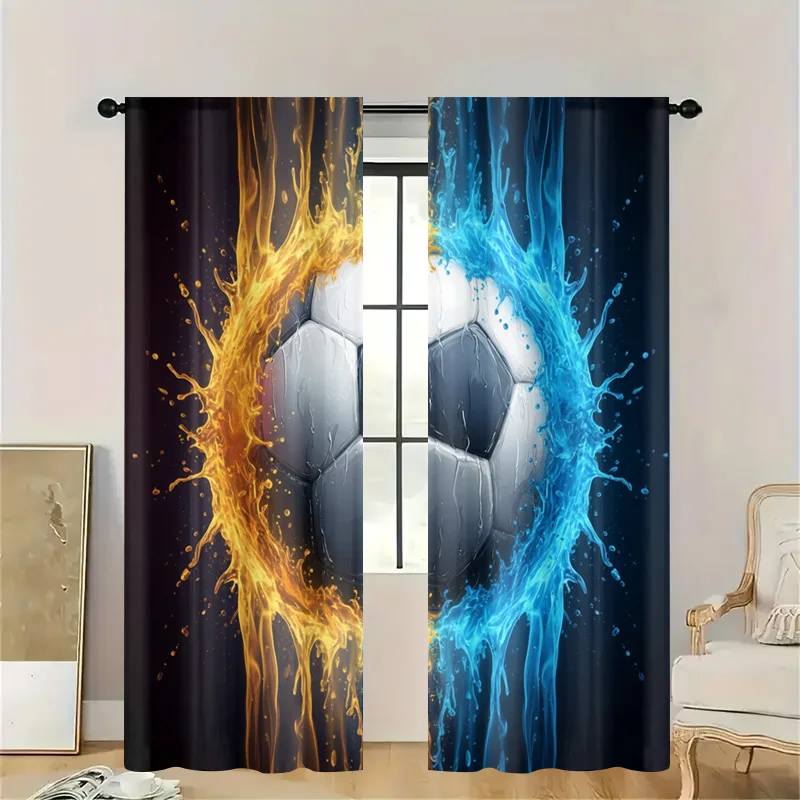Abstract Soccer Ball Energy Curtain Dual Design Fire Blue Electric Sports Window Drapes Modern Home Accent Room Decor Panel