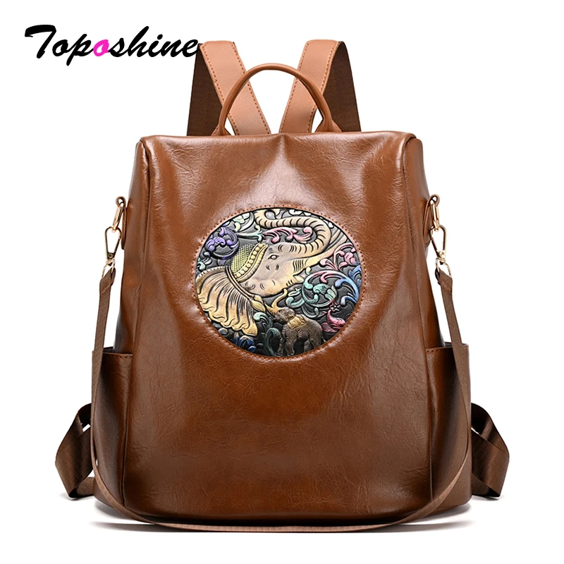 

Toposhine High Quality Leather Backpack for Women Embossed Elephant Ethnic Brown Rucksack Vintage Art Travel Shoulder Bag 2026