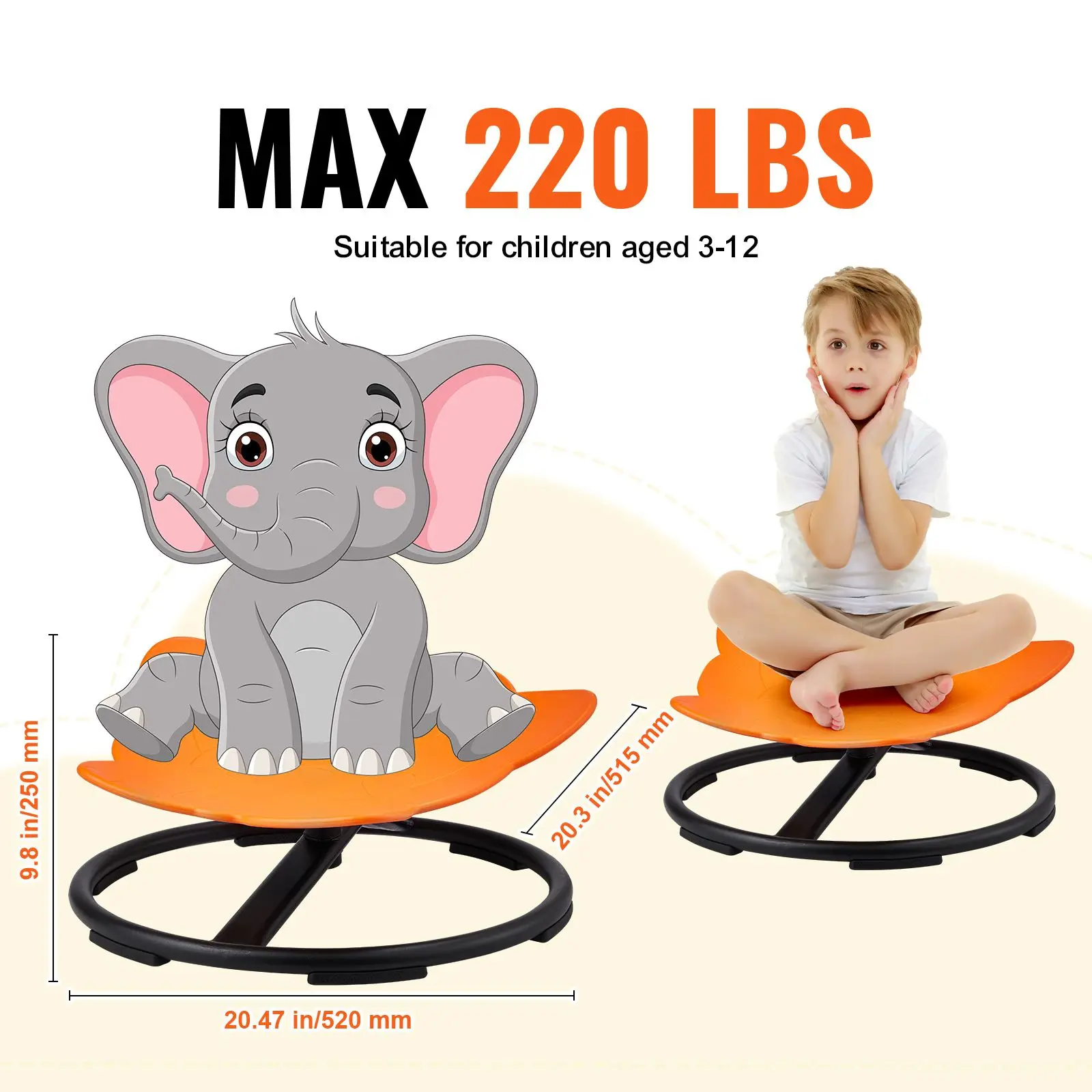 Elephant Kids Swivel Chair, 220 LBS Capacity, 360° Spinning, Autistic Sensory Toy with Non-Slip Metal Base, Toddler Sit and for