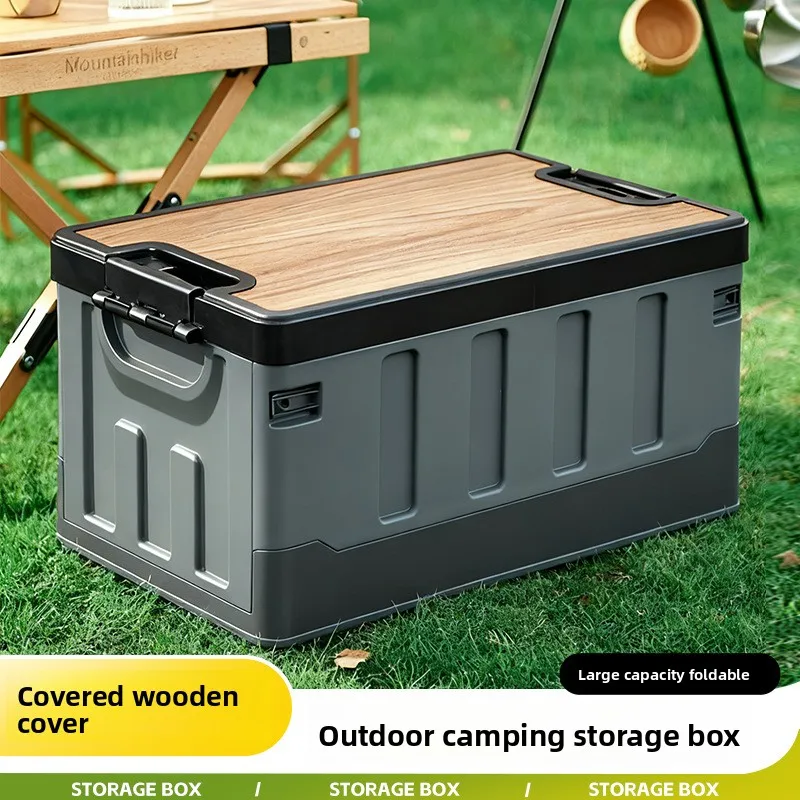 Camping Storage Box with Wooden Lid, Foldable Large Capacity Trunk Organizer, Scratch-Resistant Durable for Car Outdoor Travel