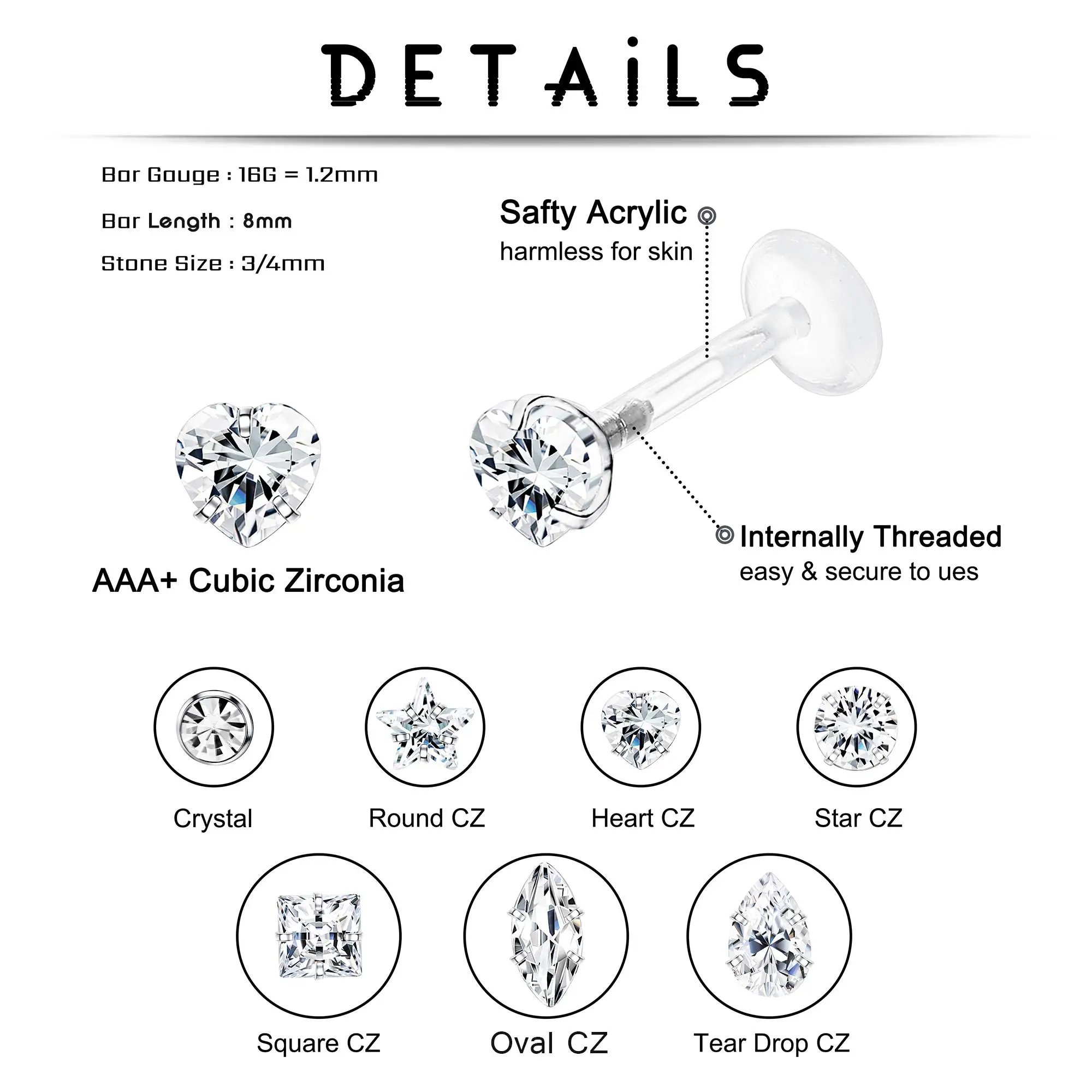 Drperfect 16G Forward Helix Cartilage Tragus Earring Stud Internal Threaded Labret Lip Monroe Ring Barbell Body Piercing Jewelry